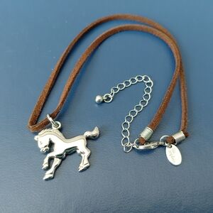 Silver Horse Pendant on Brown Leather Cord Necklace